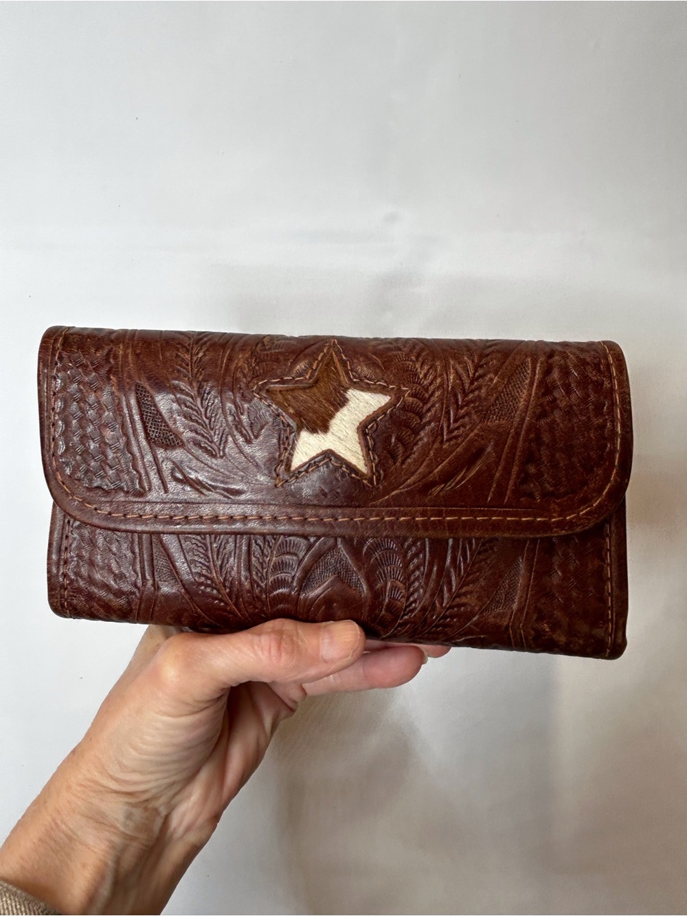 Brown Tooled Leather Wallet with Cream Star Accent